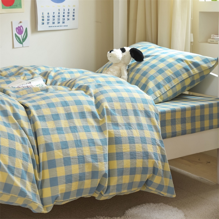 91家纺网 家纺一手货源 找家纺 北欧良品 2025新款A 类 AA版色织水洗棉 学生上下铺三件套 蓝黄中格-AA