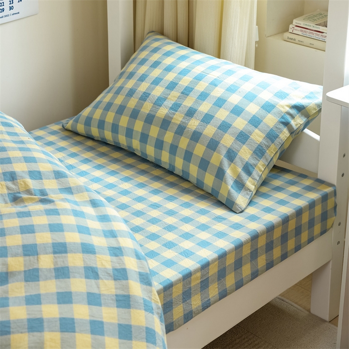 91家纺网 家纺一手货源 找家纺 北欧良品 2025新款A 类 AA版色织水洗棉 学生上下铺三件套 蓝黄中格-AA