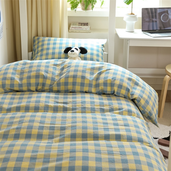 91家纺网 家纺一手货源 找家纺 北欧良品 2025新款A 类 AA版色织水洗棉 学生上下铺三件套 蓝黄中格-AA