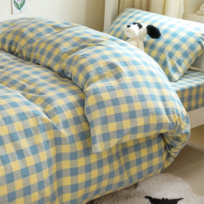 91家纺网 家纺一手货源 找家纺 北欧良品 2025新款A 类 AA版色织水洗棉 学生上下铺三件套 蓝黄中格-AA