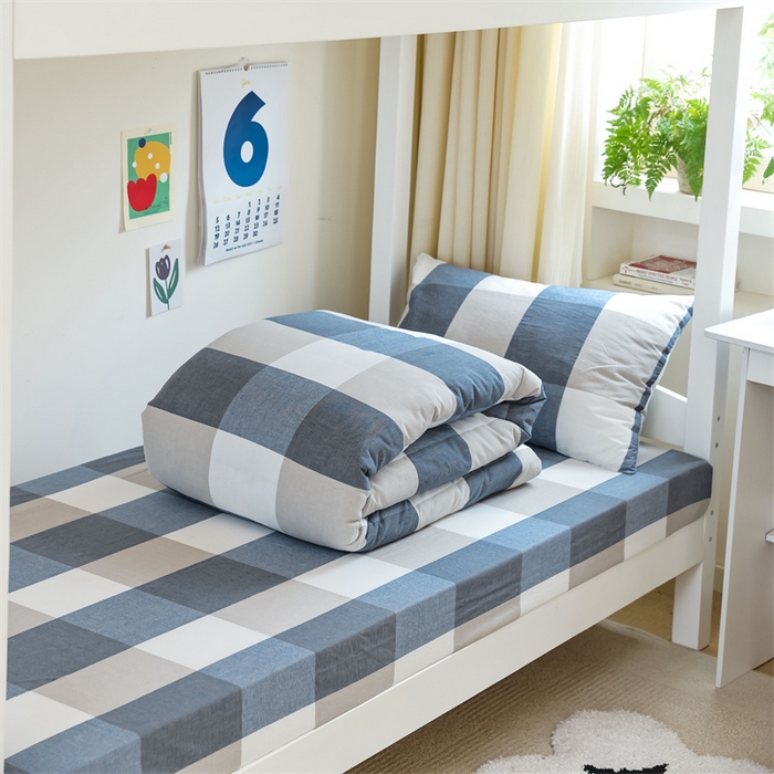 91家纺网 家纺一手货源 找家纺 北欧良品 2025新款A 类 AA版色织水洗棉 学生上下铺三件套 蓝白大格-AA