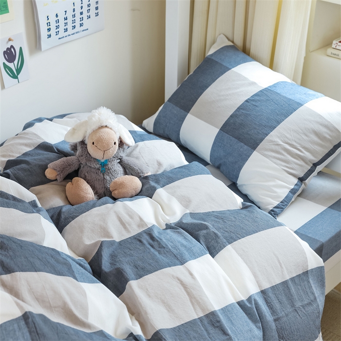 91家纺网 家纺一手货源 找家纺 北欧良品 2025新款A 类 AA版色织水洗棉 学生上下铺三件套 蓝白大格-AA