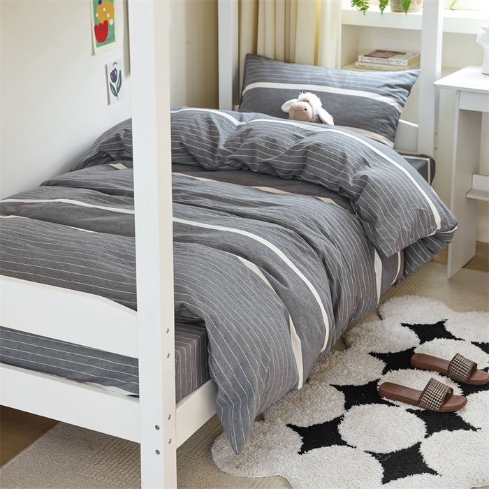 91家纺网 家纺一手货源 找家纺 北欧良品 2025新款A 类 AA版色织水洗棉 学生上下铺三件套 宽双线冷灰-AA