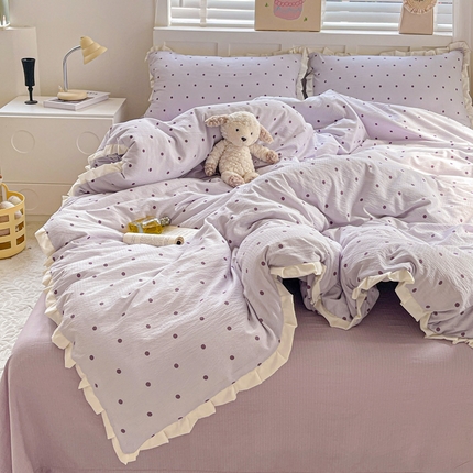 91家纺网 家纺一手货源 找家纺 （总）优选 2025新款直播热款赫本风皱皱双层纱花边款针织皱皱纱法式印花吊边床单三件套床笠四件套（提供买家秀）