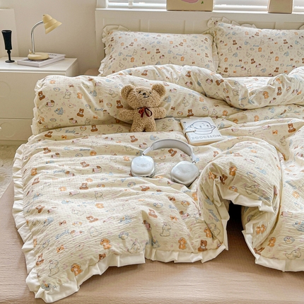 91家纺网 家纺一手货源 找家纺 （总）优选 2025新款直播热款赫本风皱皱双层纱花边款针织皱皱纱法式印花吊边床单三件套床笠四件套（提供买家秀）