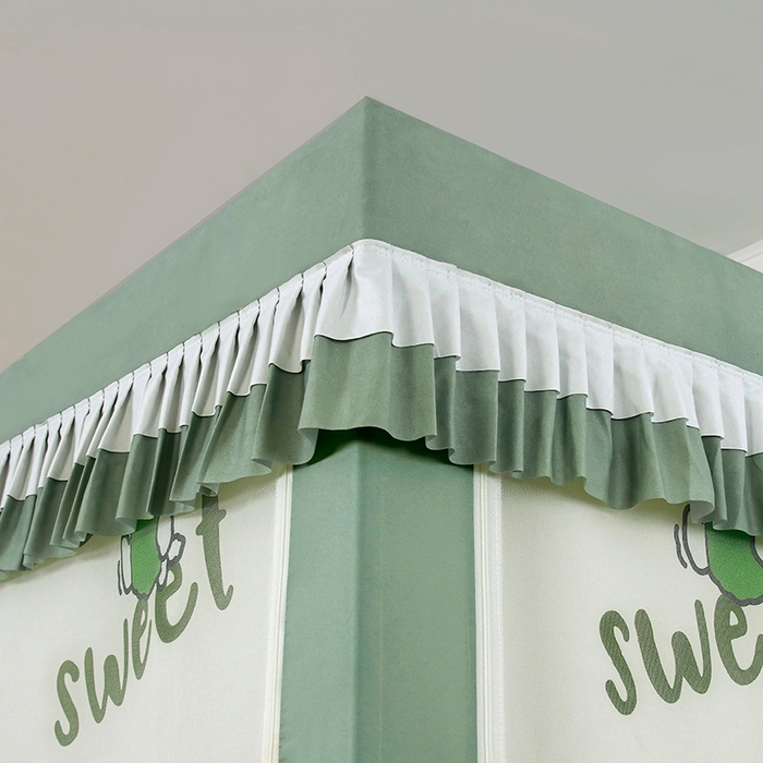 91家纺网 家纺一手货源 找家纺 显高蚊帐 2025春夏新款U门花边款坐床遮光防尘床帘式蚊帐 lucky狗狗-花边款