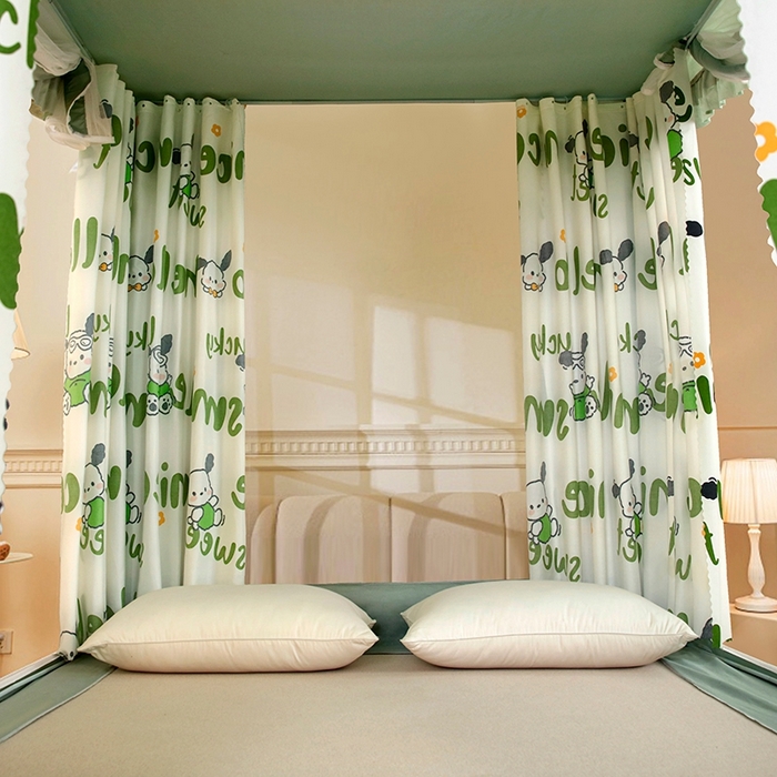 91家纺网 家纺一手货源 找家纺 显高蚊帐 2025春夏新款U门花边款坐床遮光防尘床帘式蚊帐 lucky狗狗-花边款