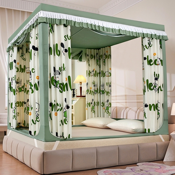 91家纺网 家纺一手货源 找家纺 显高蚊帐 2025春夏新款U门花边款坐床遮光防尘床帘式蚊帐 lucky狗狗-花边款