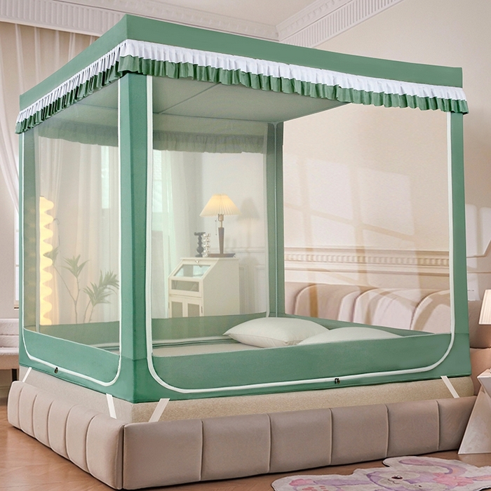 91家纺网 家纺一手货源 找家纺 显高蚊帐 2025春夏新款U门花边款坐床遮光防尘床帘式蚊帐 lucky狗狗-花边款