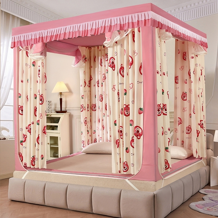 显高蚊帐 2025春夏新款U门花边款坐床遮光防尘床帘式蚊帐 草莓熊-花边款