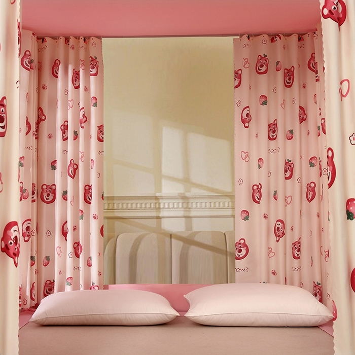 91家纺网 家纺一手货源 找家纺 显高蚊帐 2025春夏新款U门花边款坐床遮光防尘床帘式蚊帐 草莓熊-花边款