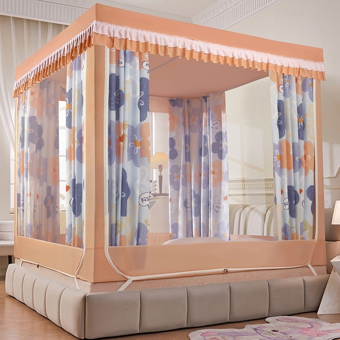 91家纺网 家纺一手货源 找家纺 显高蚊帐 2025春夏新款U门花边款坐床遮光防尘床帘式蚊帐 春暖花开-花边款