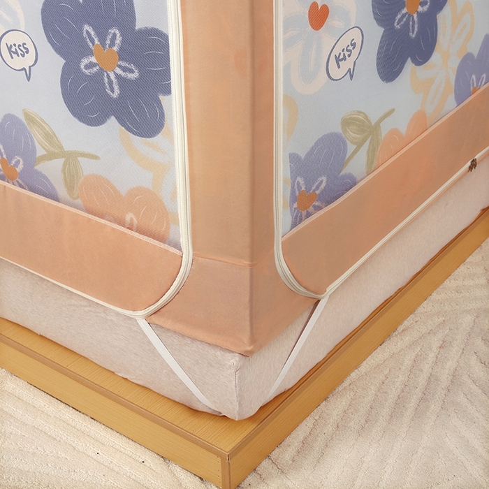 91家纺网 家纺一手货源 找家纺 显高蚊帐 2025春夏新款U门花边款坐床遮光防尘床帘式蚊帐 春暖花开-花边款