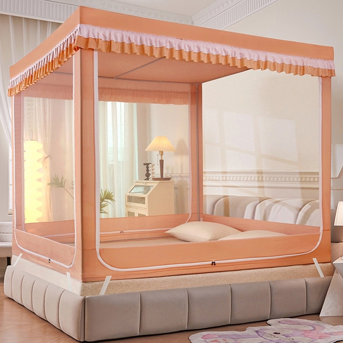 91家纺网 家纺一手货源 找家纺 显高蚊帐 2025春夏新款U门花边款坐床遮光防尘床帘式蚊帐 春暖花开-花边款