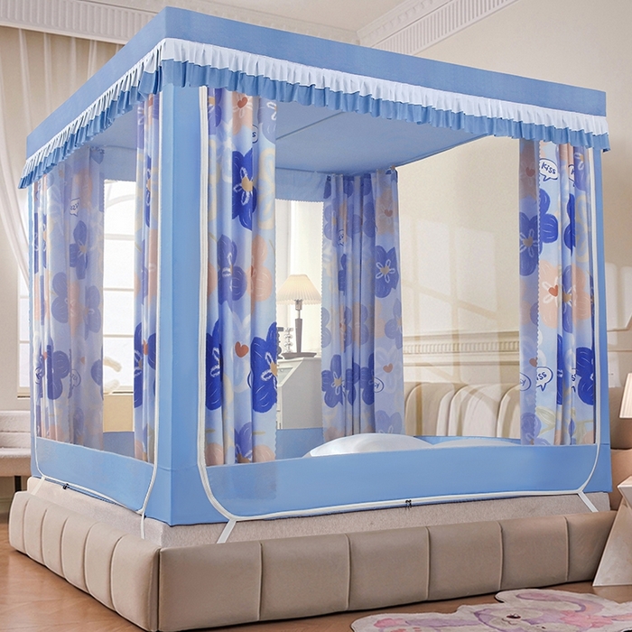 91家纺网 家纺一手货源 找家纺 显高蚊帐 2025春夏新款U门花边款坐床遮光防尘床帘式蚊帐 花开满园-花边款