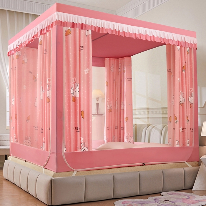 91家纺网 家纺一手货源 找家纺 显高蚊帐 2025春夏新款U门花边款坐床遮光防尘床帘式蚊帐 开心兔-花边款