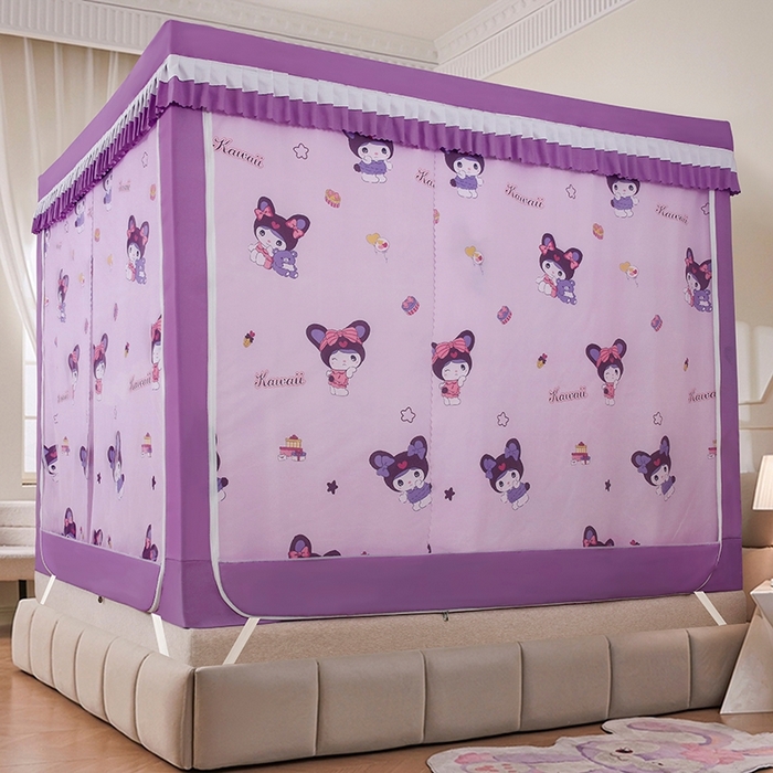 91家纺网 家纺一手货源 找家纺 显高蚊帐 2025春夏新款U门花边款坐床遮光防尘床帘式蚊帐 库洛米-花边款