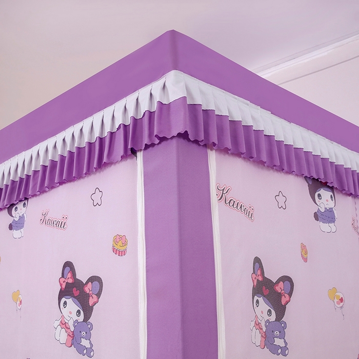 91家纺网 家纺一手货源 找家纺 显高蚊帐 2025春夏新款U门花边款坐床遮光防尘床帘式蚊帐 库洛米-花边款