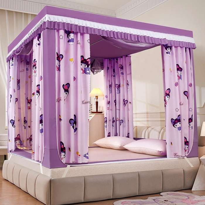 91家纺网 家纺一手货源 找家纺 显高蚊帐 2025春夏新款U门花边款坐床遮光防尘床帘式蚊帐 库洛米-花边款