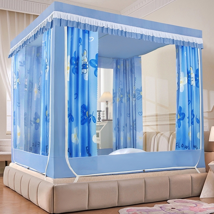 91家纺网 家纺一手货源 找家纺 显高蚊帐 2025春夏新款U门花边款坐床遮光防尘床帘式蚊帐 萌萌兔-花边款