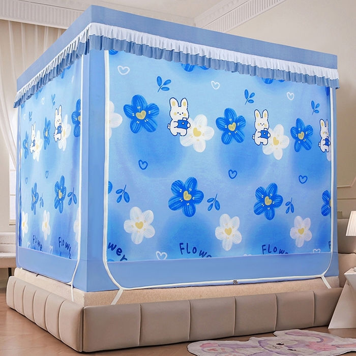 91家纺网 家纺一手货源 找家纺 显高蚊帐 2025春夏新款U门花边款坐床遮光防尘床帘式蚊帐 萌萌兔-花边款