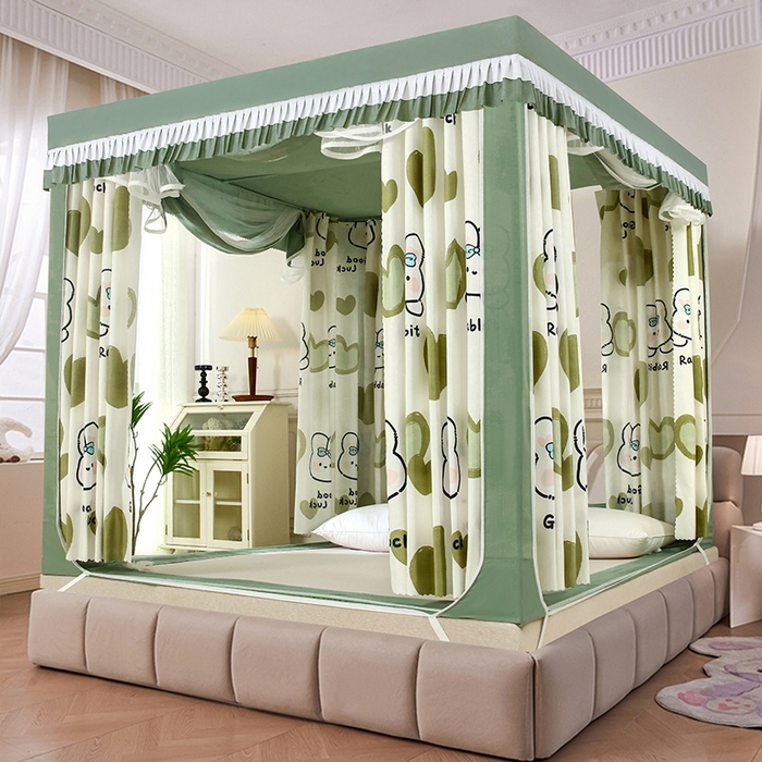 显高蚊帐 2025春夏新款U门花边款坐床遮光防尘床帘式蚊帐 苹果兔-花边款