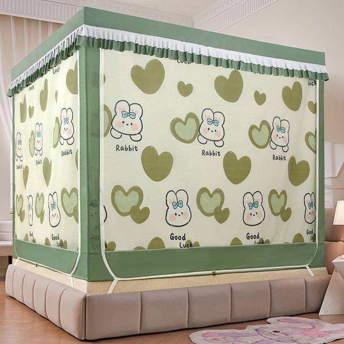 91家纺网 家纺一手货源 找家纺 显高蚊帐 2025春夏新款U门花边款坐床遮光防尘床帘式蚊帐 苹果兔-花边款