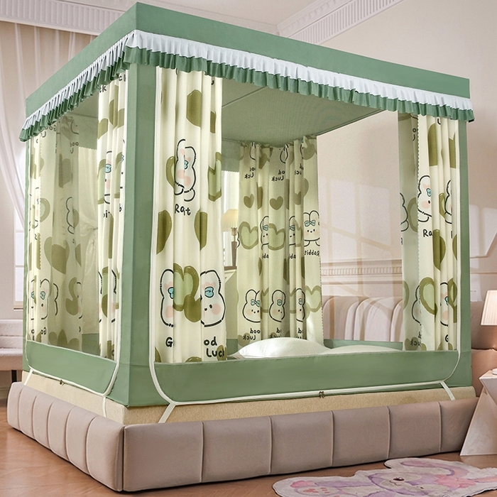 91家纺网 家纺一手货源 找家纺 显高蚊帐 2025春夏新款U门花边款坐床遮光防尘床帘式蚊帐 苹果兔-花边款