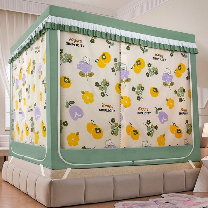 91家纺网 家纺一手货源 找家纺 显高蚊帐 2025春夏新款U门花边款坐床遮光防尘床帘式蚊帐 柿柿如意-花边款