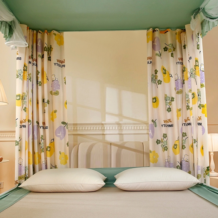 91家纺网 家纺一手货源 找家纺 显高蚊帐 2025春夏新款U门花边款坐床遮光防尘床帘式蚊帐 柿柿如意-花边款