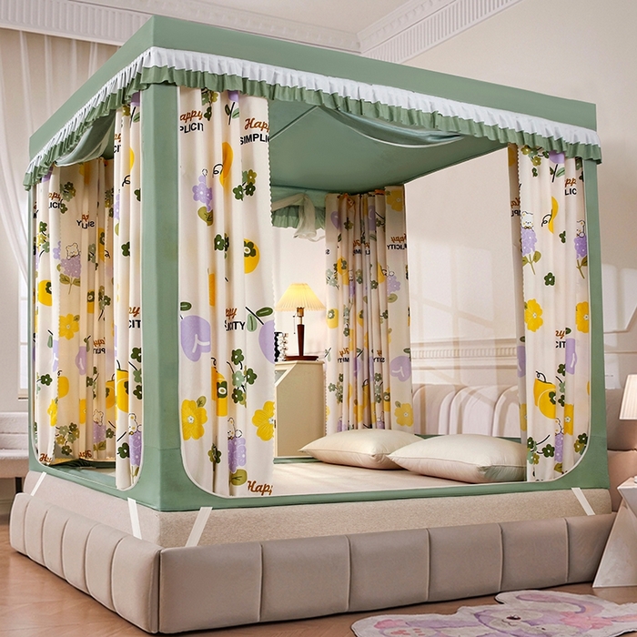 91家纺网 家纺一手货源 找家纺 显高蚊帐 2025春夏新款U门花边款坐床遮光防尘床帘式蚊帐 柿柿如意-花边款