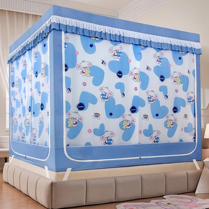 91家纺网 家纺一手货源 找家纺 显高蚊帐 2025春夏新款U门花边款坐床遮光防尘床帘式蚊帐 甜心小狗-花边款