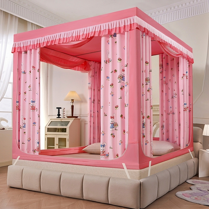 显高蚊帐 2025春夏新款U门花边款坐床遮光防尘床帘式蚊帐 兔兔花园-花边款