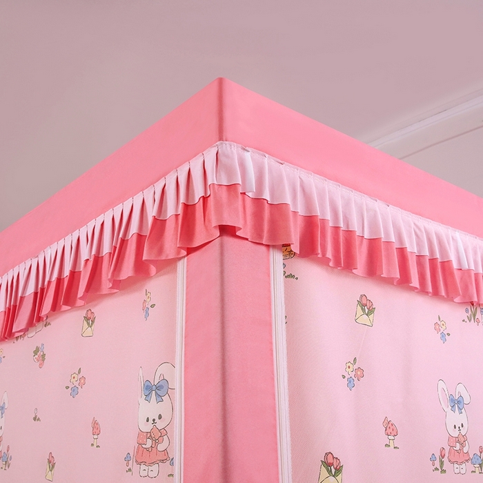 91家纺网 家纺一手货源 找家纺 显高蚊帐 2025春夏新款U门花边款坐床遮光防尘床帘式蚊帐 兔兔花园-花边款