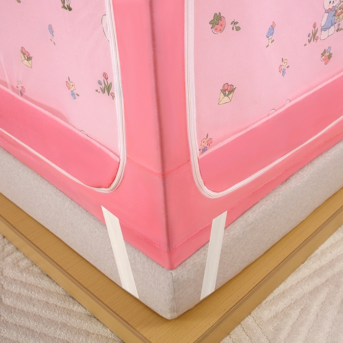 91家纺网 家纺一手货源 找家纺 显高蚊帐 2025春夏新款U门花边款坐床遮光防尘床帘式蚊帐 兔兔花园-花边款