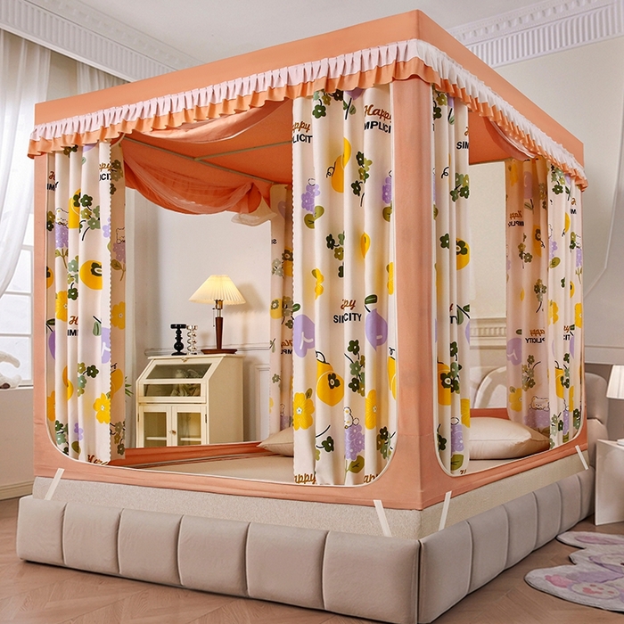 显高蚊帐 2025春夏新款U门花边款坐床遮光防尘床帘式蚊帐 心想柿橙-花边款