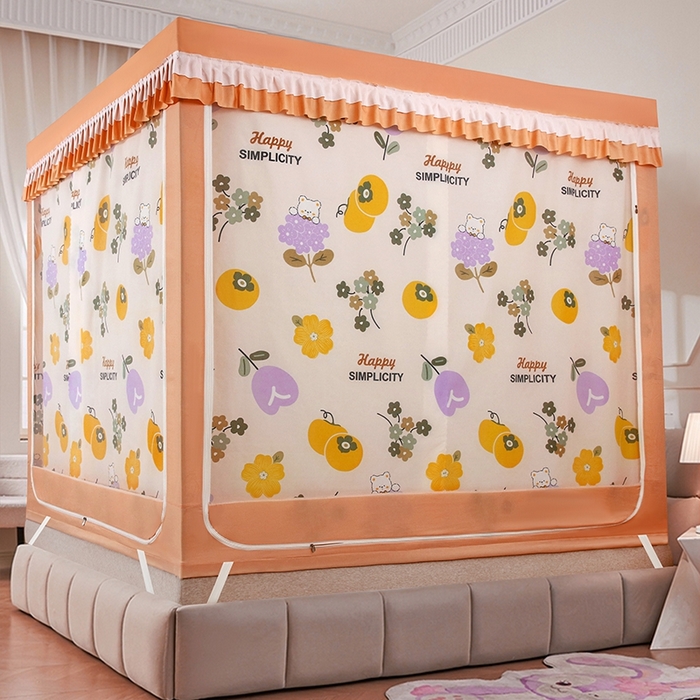 91家纺网 家纺一手货源 找家纺 显高蚊帐 2025春夏新款U门花边款坐床遮光防尘床帘式蚊帐 心想柿橙-花边款
