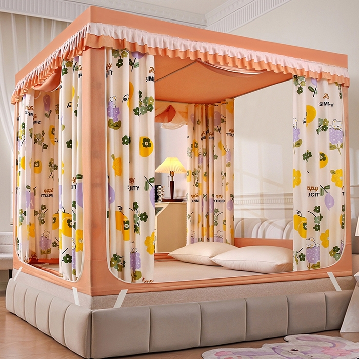 91家纺网 家纺一手货源 找家纺 显高蚊帐 2025春夏新款U门花边款坐床遮光防尘床帘式蚊帐 心想柿橙-花边款