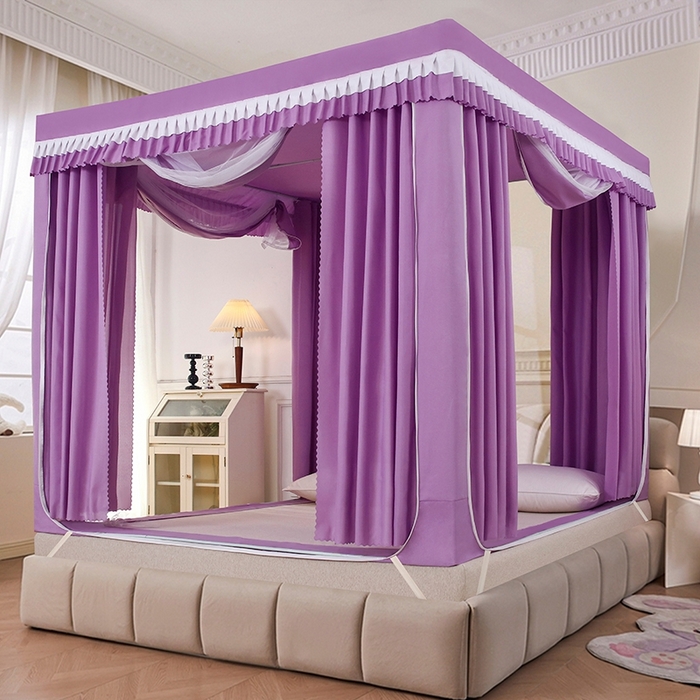 显高蚊帐 2025春夏新款U门花边款坐床遮光防尘床帘式蚊帐 优雅紫-花边款