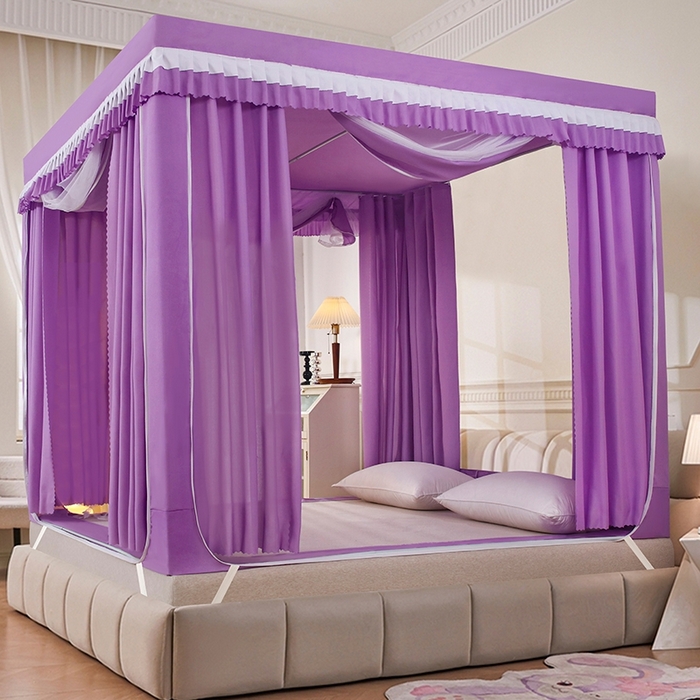91家纺网 家纺一手货源 找家纺 显高蚊帐 2025春夏新款U门花边款坐床遮光防尘床帘式蚊帐 优雅紫-花边款