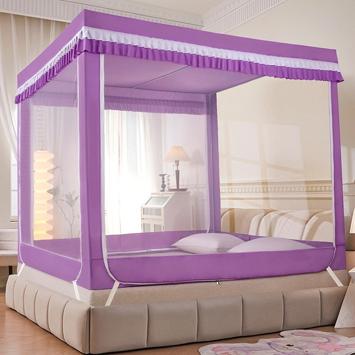 91家纺网 家纺一手货源 找家纺 显高蚊帐 2025春夏新款U门花边款坐床遮光防尘床帘式蚊帐 优雅紫-花边款