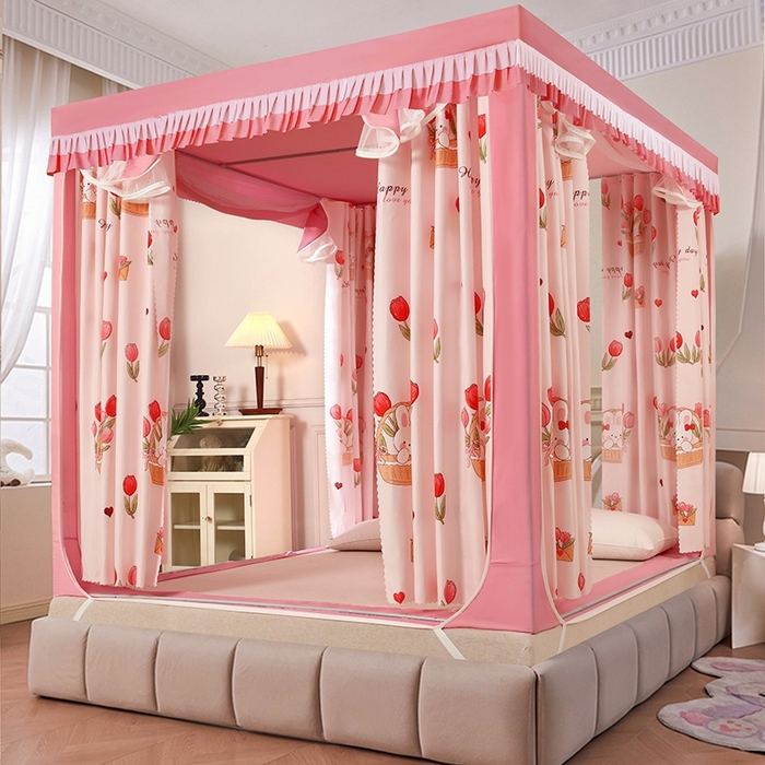 显高蚊帐 2025春夏新款U门花边款坐床遮光防尘床帘式蚊帐 郁金香-花边款