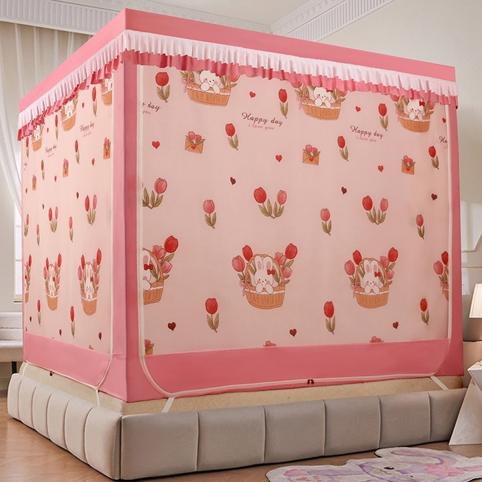 91家纺网 家纺一手货源 找家纺 显高蚊帐 2025春夏新款U门花边款坐床遮光防尘床帘式蚊帐 郁金香-花边款