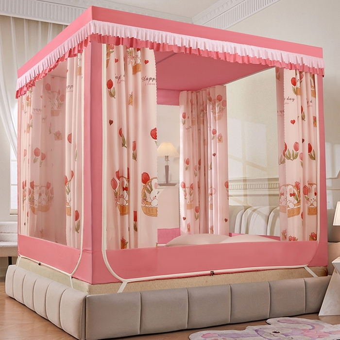 91家纺网 家纺一手货源 找家纺 显高蚊帐 2025春夏新款U门花边款坐床遮光防尘床帘式蚊帐 郁金香-花边款