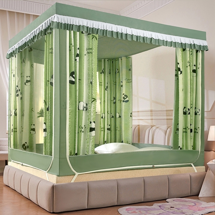 91家纺网 家纺一手货源 找家纺 显高蚊帐 2025春夏新款U门花边款坐床遮光防尘床帘式蚊帐 竹林熊猫-花边款