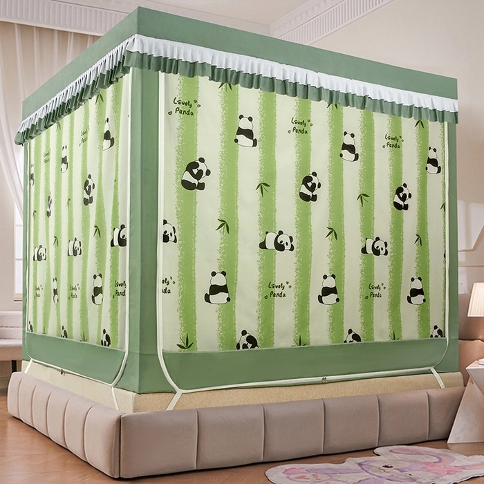 91家纺网 家纺一手货源 找家纺 显高蚊帐 2025春夏新款U门花边款坐床遮光防尘床帘式蚊帐 竹林熊猫-花边款