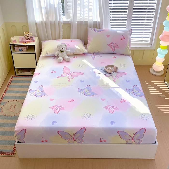 91家纺网 家纺一手货源 找家纺 金鑫汇家纺 2025新款A类全棉老粗布床单床笠 老粗布·彩蝶飞舞