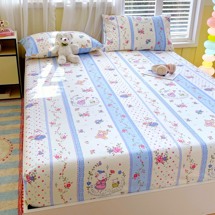 91家纺网 家纺一手货源 找家纺 金鑫汇家纺 2025新款A类全棉老粗布床单床笠 老粗布·快乐萌兔蓝