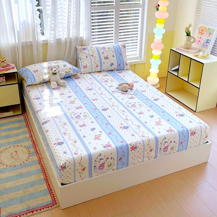 91家纺网 家纺一手货源 找家纺 金鑫汇家纺 2025新款A类全棉老粗布床单床笠 老粗布·快乐萌兔蓝