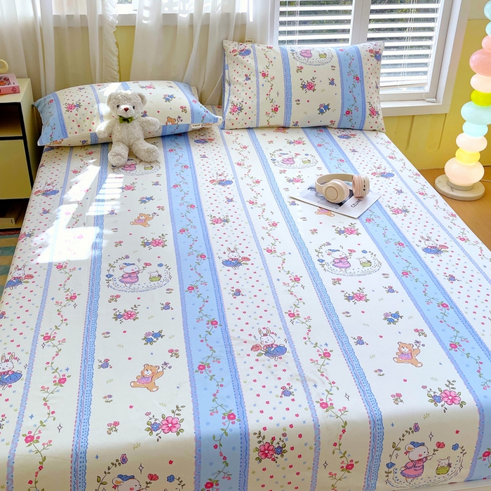 91家纺网 家纺一手货源 找家纺 金鑫汇家纺 2025新款A类全棉老粗布床单床笠 老粗布·快乐萌兔蓝